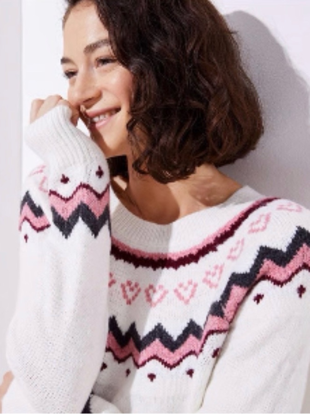 Fair Isle Romantic Pink Hearts Over Cream  Curved Hem Roomy Sweater LOFT XS